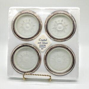 Vintage Leonard Crystal Silver Coaster Ashtray Set NIB